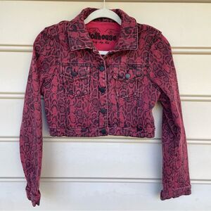 Vintage Dollhouse Snake Print Long Sleeve Crop Jean Jacket Pink Women's Size L